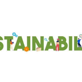 sustainability in green letters surrounded by illustrations