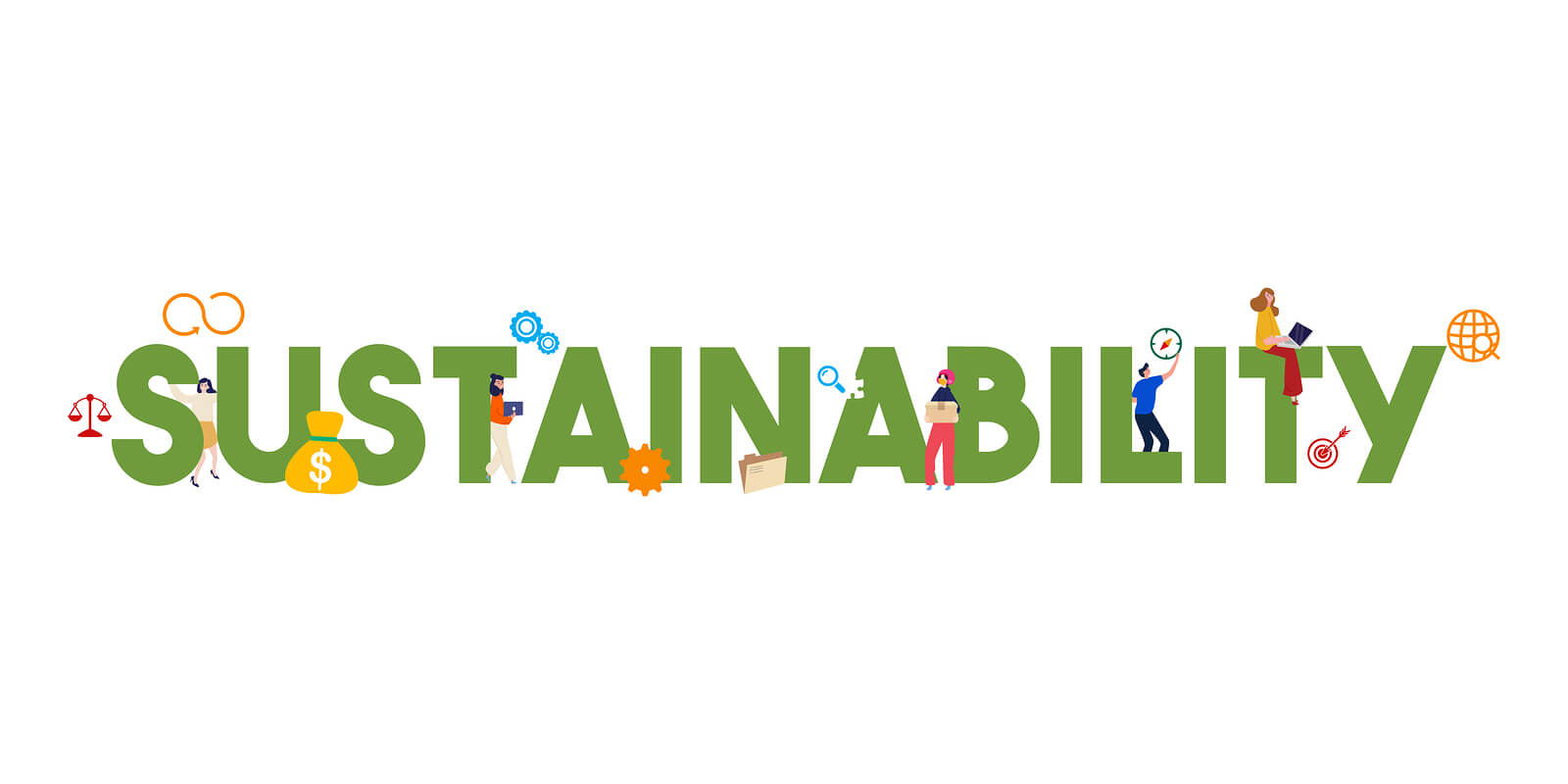sustainability in green letters surrounded by illustrations
