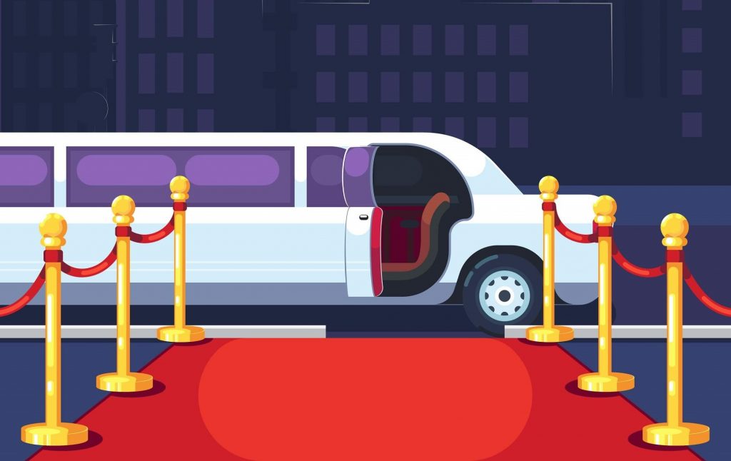 illustration of white limousine parked with door open in front of red carpet